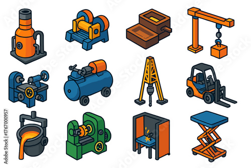Industrial Equipment Icons. Isometric vector illustration set Heavy Industry Equipment: steel foundry furnace, rolling mill,