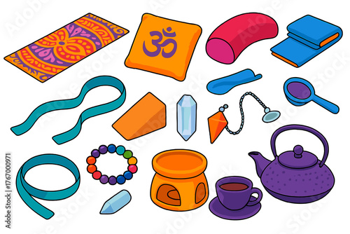 Yoga Essentials Collection. Isometric vector illustration set Yoga and Mindfulness Essentials: patterned mat, OM embroidery
