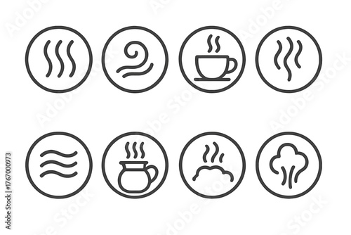Steam and Aroma Icons. Line style icons of steam and aroma in round shape: steam rising lines, aroma swirl, cup with steam,