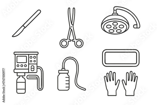 Surgical Tool Icons. Line style icons of Surgery: scalpel, forceps, clamp, surgical lamp, anesthesia machine, suction device, tray