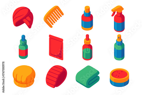 Wellness Beauty Essentials. Isometric vector illustration set Wellness, Relaxation, and Beauty Essentials: hair turban towel,
