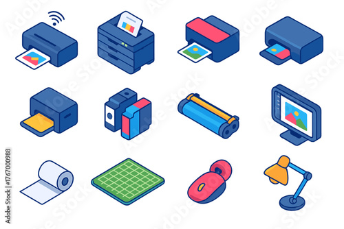 Isometric Printing Tools. Isometric vector illustration set 2D printing, design, and technology: wireless printer, multifunction