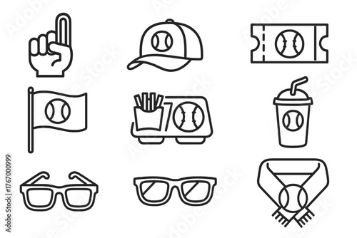 Baseball Fan Essentials. Line style icons of Baseball Fan: Foam Finger, Cap, Ticket, Flag, Snack Tray, Soda Cup, Sunglasses, Scarf