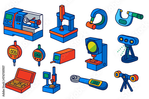 Precision Engineering Tools. Isometric vector illustration set Precision Engineering Tools: CNC lathe, coordinate measuring