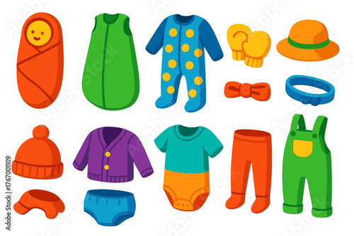 Vibrant Baby Essentials Icons. Isometric vector illustration set Baby Essentials: swaddle wrap, sleep sack, baby pajamas, mittens,