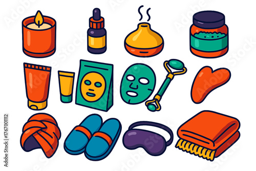 Wellness Essentials Icons. Isometric vector illustration set Wellness, Relaxation, and Beauty Essentials: scented candle,