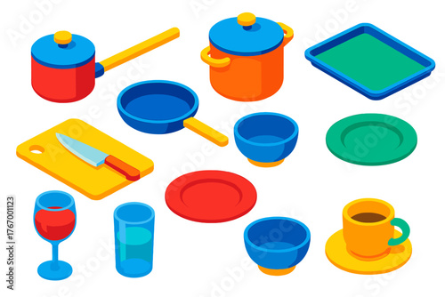 Colorful Kitchen Element Icons. Isometric vector illustration set Kitchen and Dining Elements: saucepan, frying pan, stockpot,