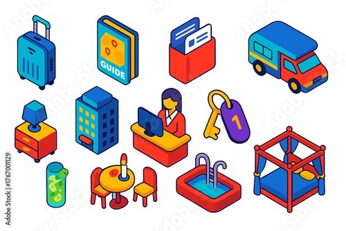 Travel & Hospitality Icons. Isometric vector illustration set Travel and Hospitality: smart luggage, guidebook, boarding pass