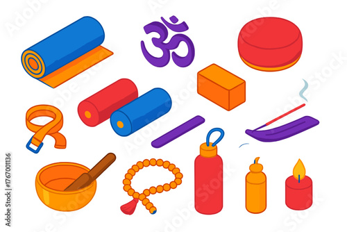 Yoga Essentials Icons. Isometric vector illustration set Yoga and Mindfulness Essentials: yoga mat, OM symbol, meditation cushion,