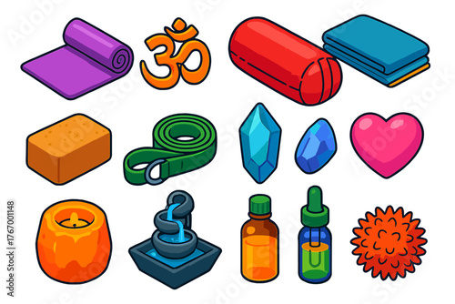 Yoga Essentials Icons. Isometric vector illustration set Yoga and Mindfulness Essentials: folding yoga mat, OM symbol sticker,