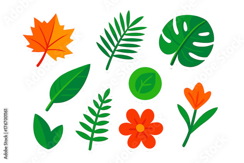 Vibrant Leaf Stickers. Isometric vector illustration set Tropical and Decorative Leaves: maple leaf sticker, palm leaf sticker,