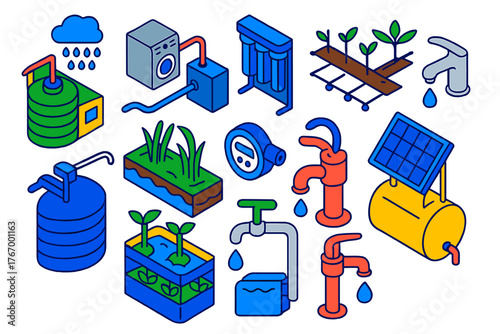 Sustainable Water Solutions. Isometric vector illustration set Sustainable Water Management: rainwater harvesting tank, greywater