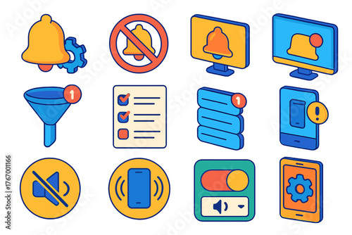Notification Icon Set. Isometric vector illustration set Notification Settings: notification bell with gear, do not disturb icon,