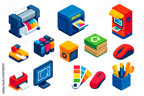 Vibrant Printer Icons. Isometric vector illustration set 2D printing, design, and technology: full color printer, rapid print