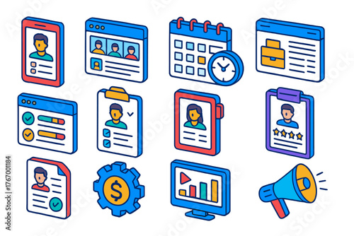 HR App Icons Collection. Isometric vector illustration set HR and Recruitment Apps: candidate profile screen, resume database,