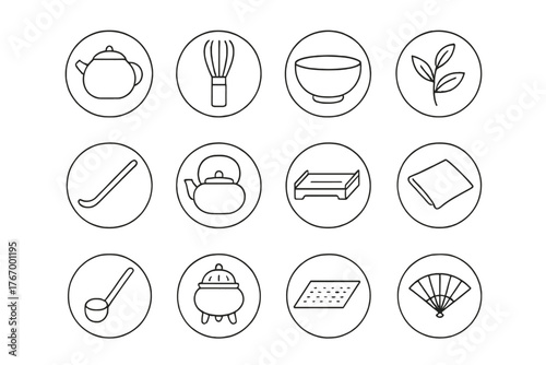 Tea Ceremony Icons. Line style round vector icons of Tea Ceremony: Teapot, Bamboo Whisk, Matcha Bowl, Tea Leaf; Tea Scoop, Kettle,