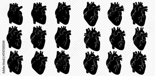 Silhouetted hearts arranged in a grid pattern against a transparent background.