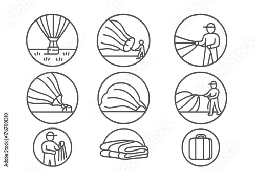 Balloon Landing Icons. Line style icons of balloon landing in round shape: basket on field, deflating envelope, ground crew,