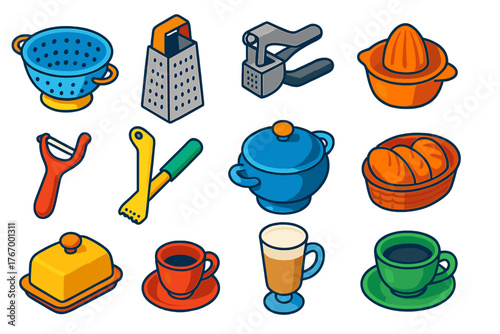 Vibrant Kitchen Essentials. Isometric vector illustration set Kitchen and Dining Elements: colander, box grater, garlic press,