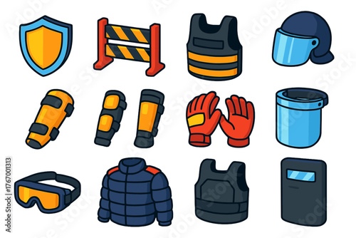 Safety Gear Icons. Isometric vector illustration set Safety and Warning: protective shield, blast barrier, bulletproof vest, riot