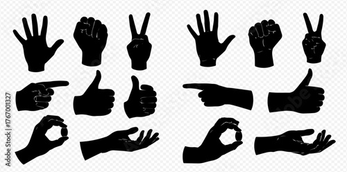 Silhouetted hands in various gestures, including open palm, fist, peace sign, pointing, thumbs up, OK, and cupped hand.