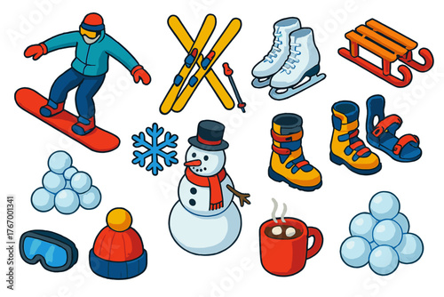 Winter Sports Icons. Isometric vector illustration set winter sports and fun: freestyle snowboard, alpine skis, figure skates,