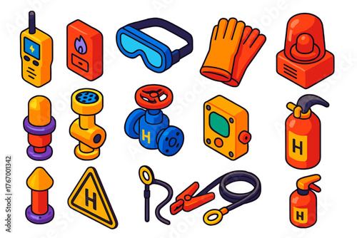 Hydrogen Safety Equipment Icons. Isometric vector illustration set Hydrogen Safety Equipment: gas leak detector, hydrogen flame