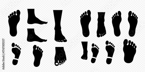 Silhouette illustrations of human feet in various positions and angles.