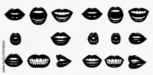 Monochrome illustration featuring various lip shapes and expressions, rendered in a stark black and white style.