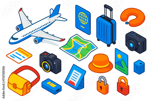 Air Travel Essentials. Isometric vector illustration set Air Travel Essentials: commercial aircraft, e-passport, upright roller
