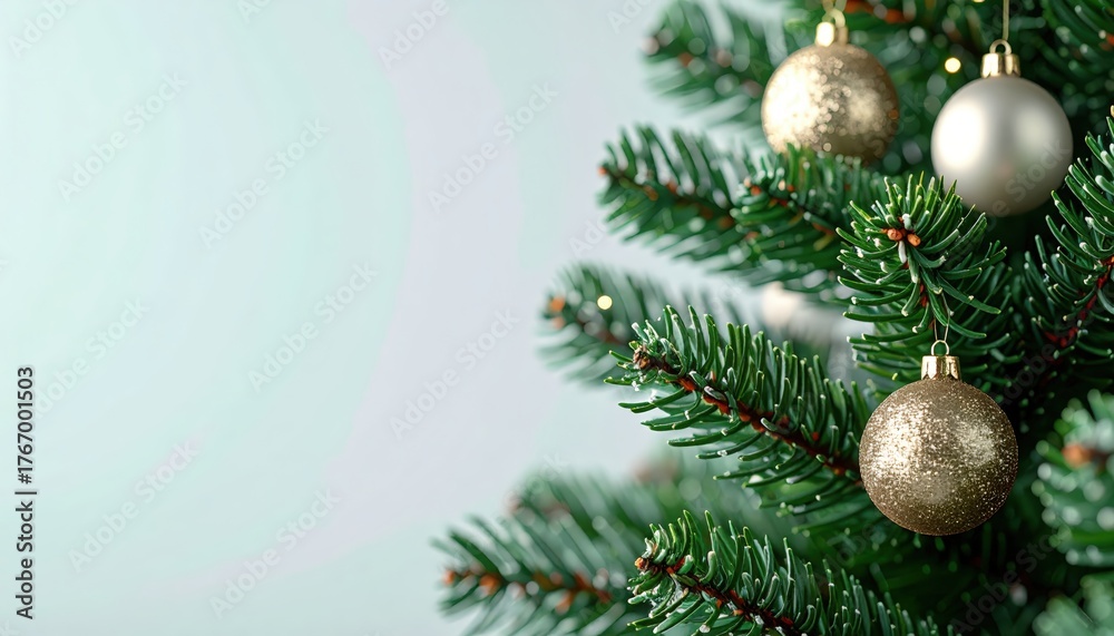 Fototapeta premium Decorating a festive christmas tree with gold and silver ornaments indoor home environment close-up view holiday spirit