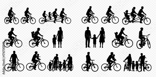 Silhouetted figures of people on bicycles and families standing together.