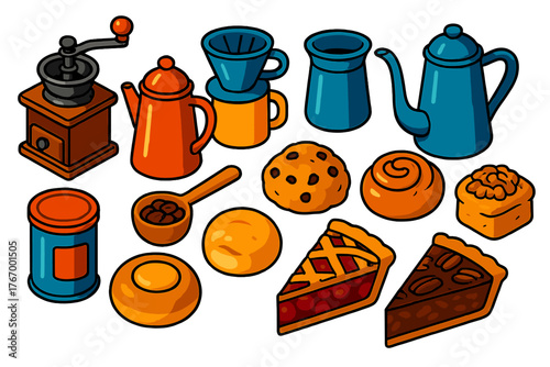Coffee and Pastry Icons. Isometric vector illustration set Coffee Equipment and Breakfast Treats: vintage coffee grinder, enamel