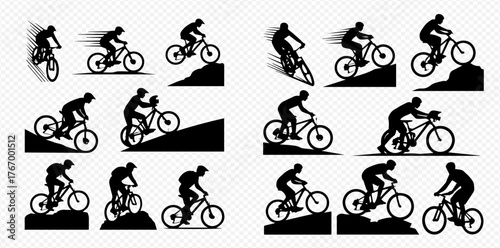 Silhouettes of mountain bikers performing stunts and riding on various terrains.