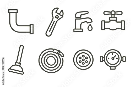 Plumbing Icons Collection. Line style icons of Plumbing items: pipe, wrench, faucet, valve, plunger, hose, drain, water meter, No