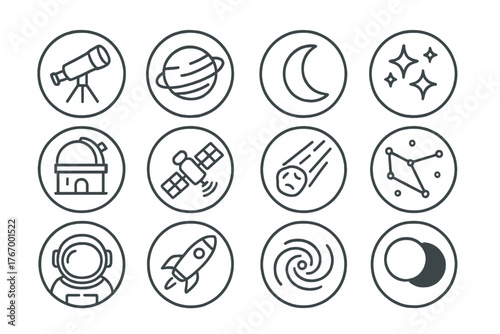 Astronomy Icon Set. Line style circular vector icons of Astronomy: Telescope, Planet, Moon, Stars; Observatory Dome, Satellite,