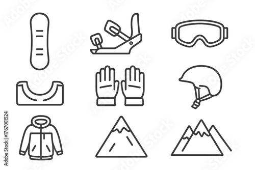 Snowboarding Gear Icons. Line style icons of Snowboarding: Snowboard, Binding, Snow Goggles, Halfpipe, Gloves, Helmet, Winter