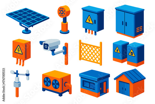 Solar Farm Elements. Isometric vector illustration set Solar Farm Components: solar panel row, tracking motor, combiner box,
