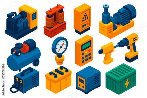 Industrial Equipment Icons. Isometric vector illustration set Industrial Power Equipment: diesel generator, transformer, power