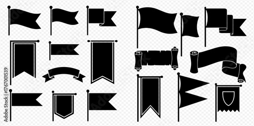 Collection of black and white flag and banner illustrations on poles and scrolls.