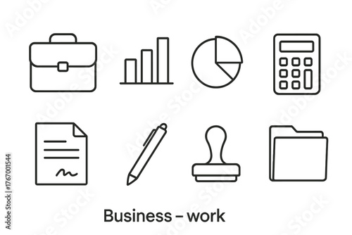 Business Line Icons. Line style icons of Business Work: Briefcase, Bar Graph, Pie Chart, Calculator, Contract, Pen, Stamp,