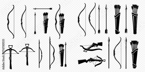 Illustration of bows, arrows, and crossbows in black and white.