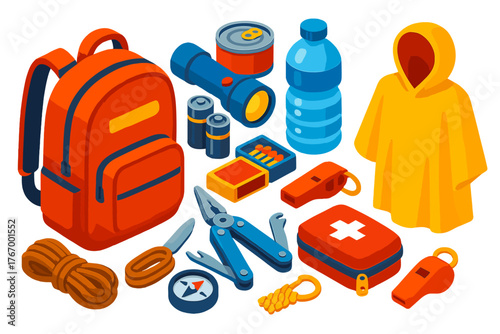 Emergency Kit Essentials. Isometric vector illustration set Emergency Kits: survival backpack, flashlight, batteries, canned food,