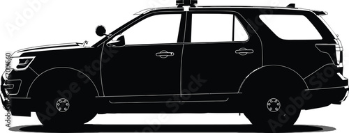 Silhouette of a police car isolated on white background, representing law enforcement, safety, and emergency services in the community