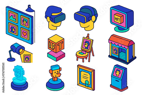 NFT Art Exhibition. Isometric vector illustration set NFT Art Showcase: gallery wall with NFT frames, NFT display stand, VR