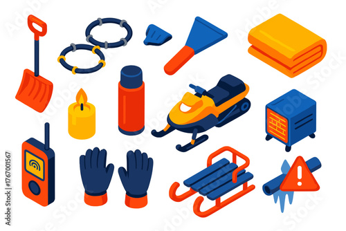 Winter Emergency Essentials. Isometric vector illustration set Winter Emergencies: snow shovel, snow chains, ice scraper, thermal