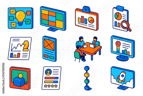 Innovation Tools Icons. Isometric vector illustration set Innovation and Startup Tools: idea board, business model canvas, pitch