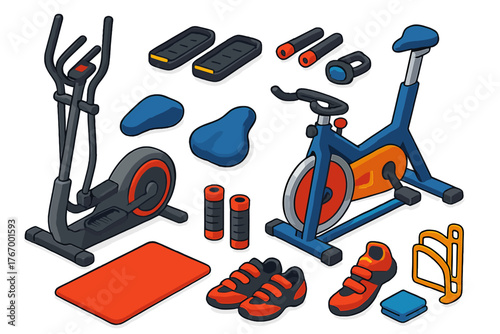 Fitness Gear Icons. Isometric vector illustration set Fitness and Workout Essentials: cross trainer, elliptical pedals, flywheel