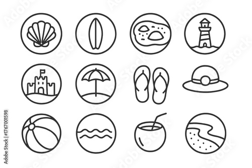 Beach Icon Collection. Line style icons of beach in round shape: seashell, surfboard, tide pool, lighthouse; sandcastle, beach