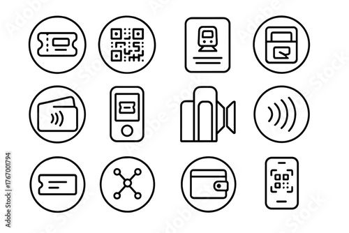 Subway Fare Icons. Line style round vector icons of Subway Tickets and Passes: Paper Ticket, QR Code, Monthly Pass, Smart Card;